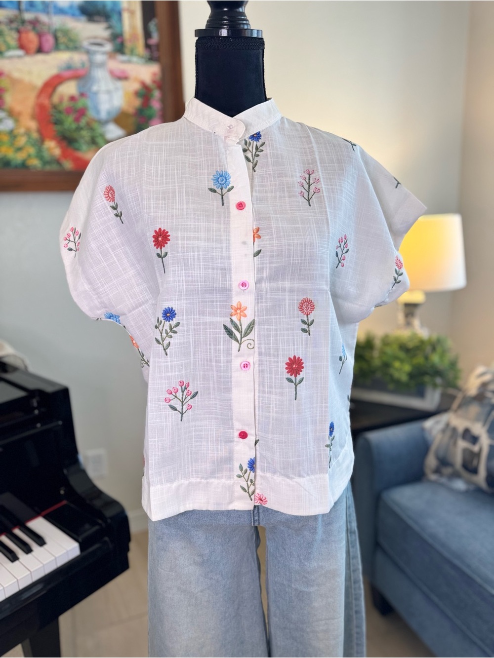 White Floral Embroidered Button-Up Top by